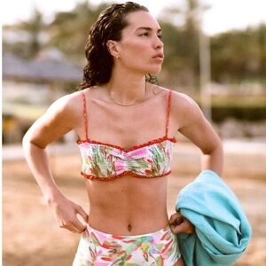 NWT Ayla Anthropologie Smocked Frill Colorful Bikini Top Sz S/M